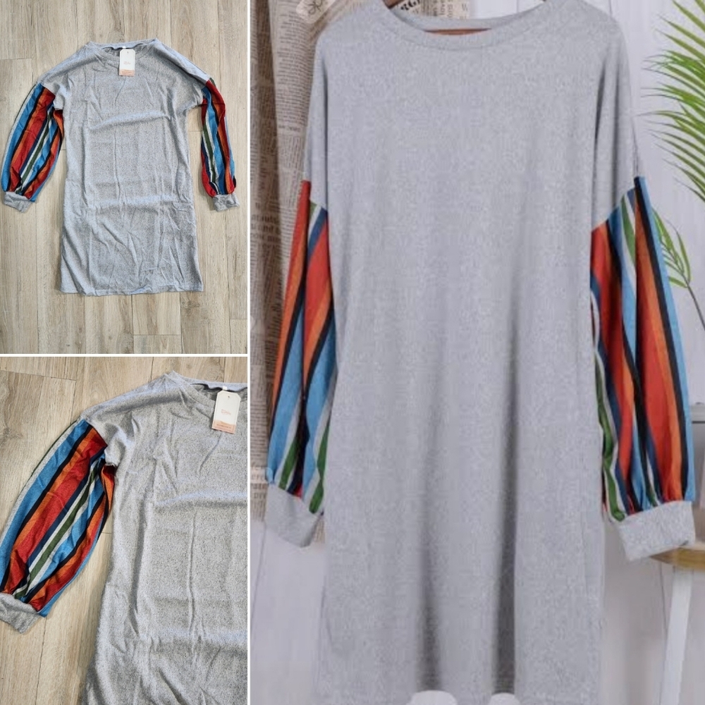 Miss Sparkling Gray Dress with Colorful Striped Sleeves